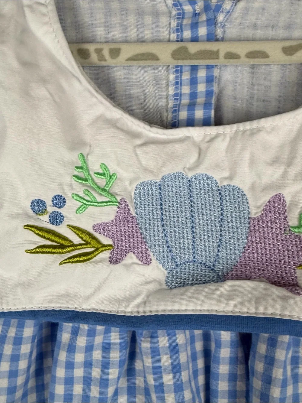 Honey Bean Blue White Gingham Seashell Embroidery Coastal Dress Beach Size 4